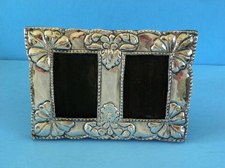 Vintage Peru 925 Sterling Silver & Wood Double Picture Frame Hand Worked