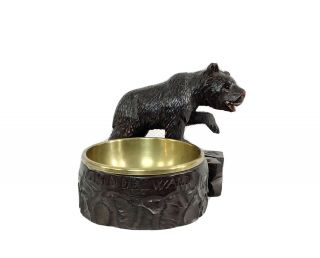 Antique Black Forest German Hand Carved Bear With Large Brass Bowl Or Ashtray