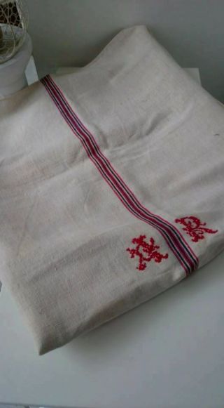 Antique Vintage Grain Sack Feedsack Red - Blue Stripes - Monogram Hemp Linen