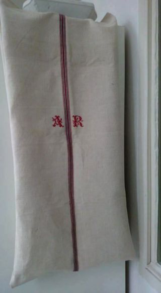 Antique vintage GRAIN SACK feedsack RED - BLUE stripes - Monogram hemp linen 3