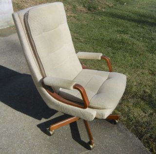 Vtg Mcm Modern Executive Office Chair Upholstered Brass—wood Milo Baughman Style