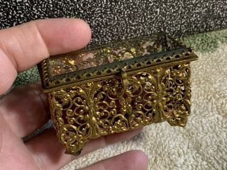 Antique Vintage Brass Filigree Jewelry Trinket Box Beveled Glass Top W Writing
