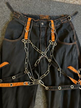 vintage y2k tripp nyc cargo pants rave cyber goth black S bondage zippers orange 2