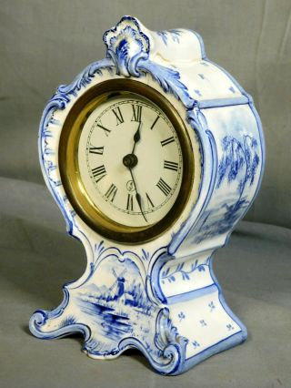 Antique Blue White Porcelain Clock Royal Bonn Delft Style 30 Hour French