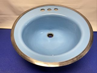 Blue Vintage Kohler Cast Iron Bathroom Vanity Sink 19” Metal Trim Overflow 4”oc