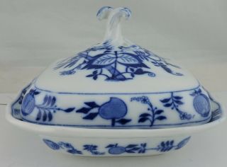 Antique Meissen England Flow Blue Onion Square Tureen Serving Lidded Dish Bowl
