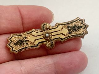 Antique Victorian Gold Filled Bar Pin Brooch With Black Tracery Enamel & Pearl