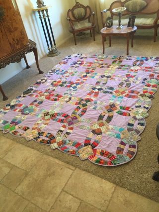 Large Vintage Hand Stitched Lavender Quilt With Multi Colored Patches 80”x94”