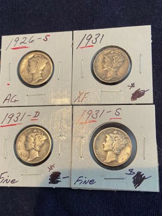 1926 S 1931 P D S Mercury Silver Dime 4 Coins Circulated