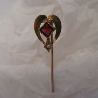 Antique Victorian 10k Gold Heart Stick Pin Ruby & Seed Pearl Pretty