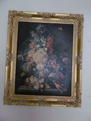 Very Large Vintage Floral Print On Canvas In Ornate Gold Frame,  27 " X 22 "