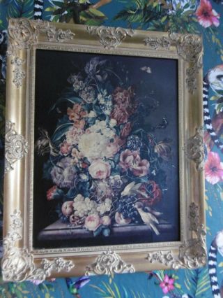 Very large vintage floral print on canvas in ornate gold frame,  27 