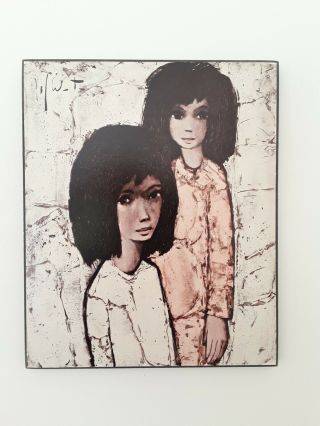 Vintage Painting Of Two Girls Portrait In Black White Pink Mounted On Wood