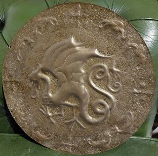 Antique Arts & Crafts Brass Copper Plaque Dragon