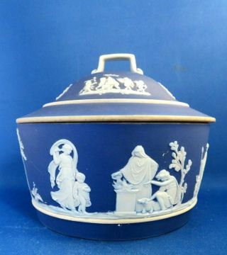 Antique Late 19thc Wedgwood Dark Blue Jasperware Butter Dish And Cover C1891