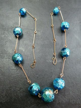 Antique Bohemian Graduated Blue Foil Bead Necklace C.  1910