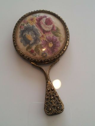 Antique Vintage Small Handheld Embroidered Filigree Vanity Mirror -