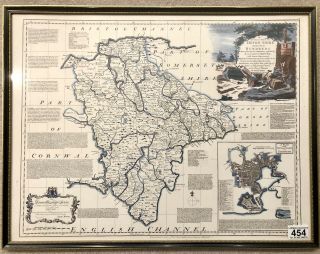 Framed / Glazed Vintage Print Of An Old Map Of The County Of Devon Shire Exeter