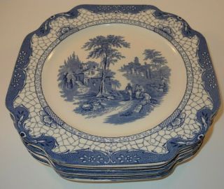 6 Antique W Adams Blue & White 8 3/4 " Dessert Plates Landscape Pattern C1925 Vgc