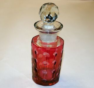 Antique Victorian Red On Clear Cut Glass Perfume Scent Bottle With Stopper 5.  5in