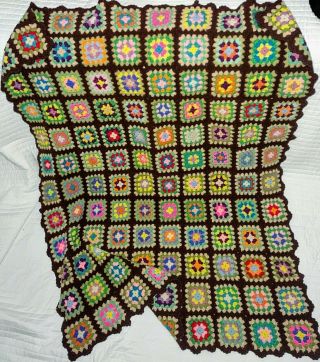 Vintage Handmade Crochet Granny Squares Brown Flower 50x60 Afghan Blanket Throw