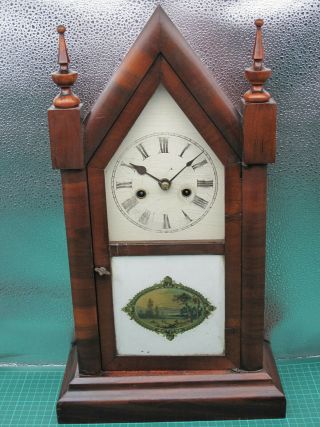 Antique American Ansonia Gothic Steeple Mantel Clock With Painted Glass
