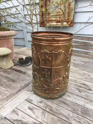 Antique Copper Lined Coat Of Arms Container/ Bin