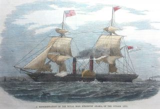 Antique Hand Colored 1853 Engraving - Cunard Paddle Steamship 
