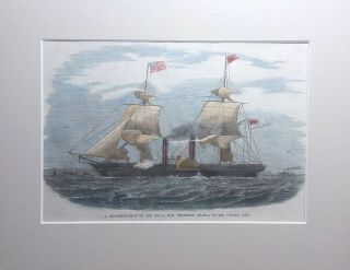 Antique HAND COLORED 1853 Engraving - Cunard Paddle Steamship ' ARABIA ' 2