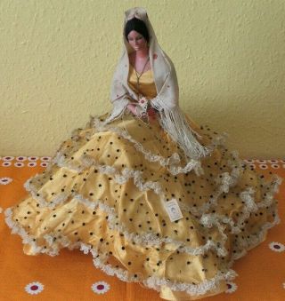 Vintage Marin Chiclana Spanish Lady Sitting Costume Doll.  Measurements Are 44cm