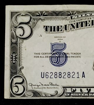 1934 $5 Silver Certificate Note Blue Seal Great Color Nr 1063_202