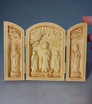 Chinese Wood Handwork Carved Of Three Saints Three Open Box