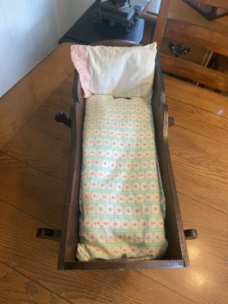 Antique Handmade Handcrated Wood Doll Cradle Bed 17” Long W Pillow Mattress
