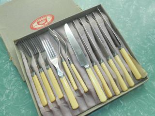 Vtg Antique Lamson Goodnow Mfg Co Celluloid Knives Long Tine Forks Box Set 12pc