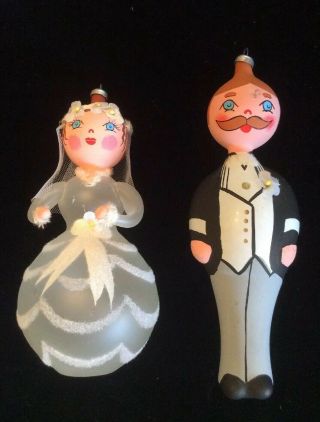 Vintage Blown Glass Bride & Groom Christmas Ornaments Italy
