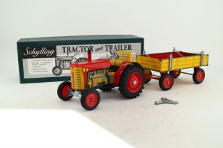 Schylling; Tractor & Trailer Tinplate Clockwork; Red & Yellow; Boxed