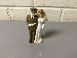 Antique Vintage Military Couple Wedding Cake Topper Chalkware? 3 1/3” Red Head