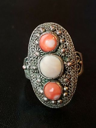 Antique Old Chinese Export Red & White Coral 3 Stone Ornate Adjustable Ring