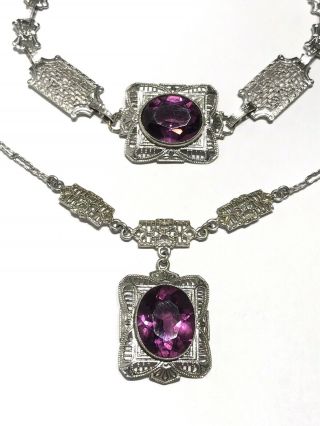 Set Antique Silver Tone Filigree Amethyst Glass Pendant Necklace & Bracelet