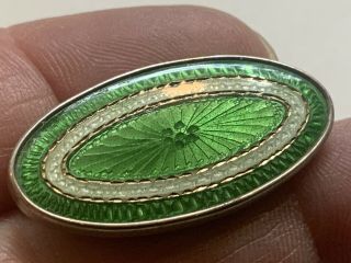 Antique Vintage Sterling Pin Brooch With Green & White Guilloche Enamel