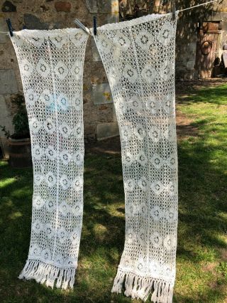 Pretty Pr Antique French Handmade Cotton Crochet Lace Curtains C1930s 1ft X 5ft