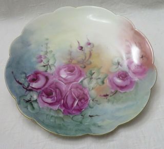 Antique Limoges France Large Hand Painted Plate Scallop Rim Abstract Pink Roses