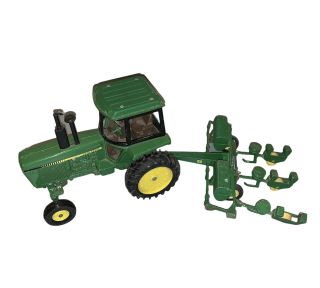 Vintage Green John Deere Metal Farm Toy Tractor & 4 Row Planter (missing One)