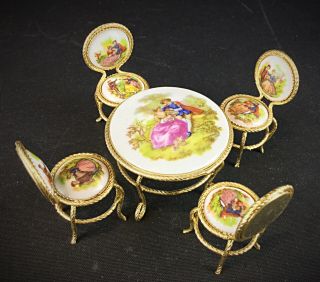 Table,  Chaises,  Fauteuils Miniature - En Porcelaine Er Laiton - Vintage