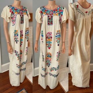 Vtg Oaxacan Hand Embroidered Hippie Peasant Mexican Cotton 70s Festival Dress Sm