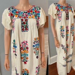 VTG OAXACAN HAND EMBROIDERED HIPPIE PEASANT MEXICAN COTTON 70s FESTIVAL DRESS Sm 2