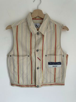 Calvin Klein Rare Unique Vintage Sleeveless Striped Denim Jacket Gilet Size M