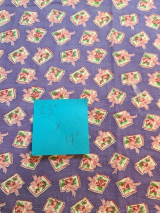 Vintage Feedsack Fabric - Purple With White/red Cards W/ Red Roses And Pink Bows