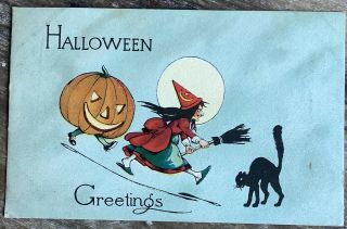 Vintage Halloween Postcard Black Cat Witch Full Moon Jol Antique Series 6948