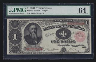 Us 1891 $1 Treasury Note Plain Back Fr 351 Pmg 64 V Ch Cu (349)